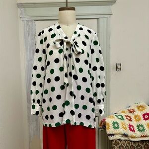 Kate Spade Silk Polka Dot Vintage Style Tie Bow Blouse Size L-XL